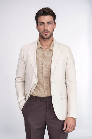 Men’s Sand Beige Herringbone Slim Fit Blazer with Gold Crest Buttons