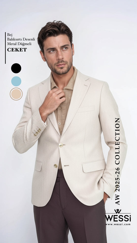 Men’s Sand Beige Herringbone Slim Fit Blazer with Gold Crest Buttons
