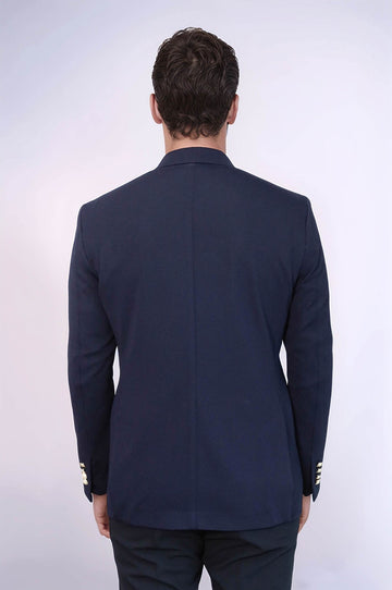Men’s Midnight Navy Textured Slim Fit Blazer with Gold Crest Buttons