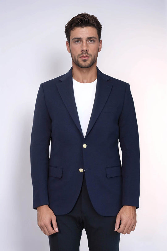 Men’s Midnight Navy Textured Slim Fit Blazer with Gold Crest Buttons