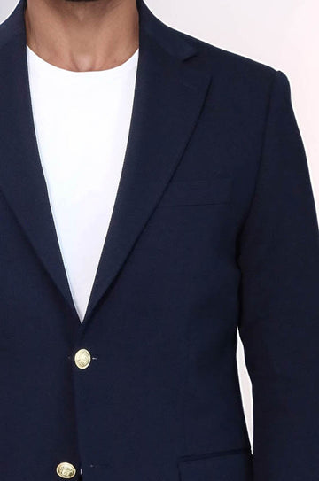 Men’s Midnight Navy Textured Slim Fit Blazer with Gold Crest Buttons