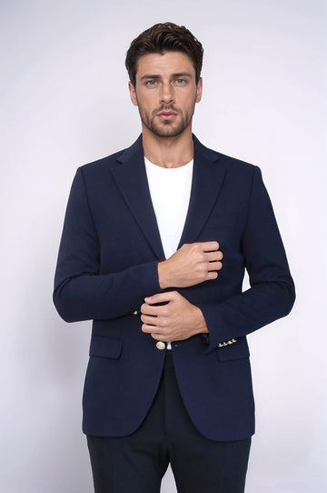 Men’s Midnight Navy Textured Slim Fit Blazer with Gold Crest Buttons