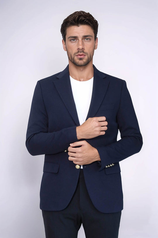 Men’s Midnight Navy Textured Slim Fit Blazer with Gold Crest Buttons