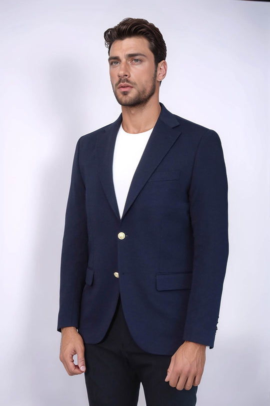 Men’s Midnight Navy Textured Slim Fit Blazer with Gold Crest Buttons