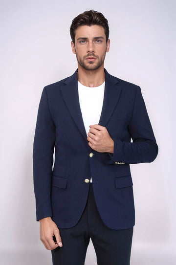 Men’s Midnight Navy Textured Slim Fit Blazer with Gold Crest Buttons