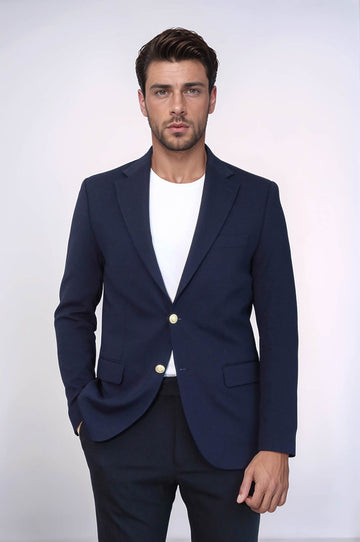 Men’s Midnight Navy Textured Slim Fit Blazer with Gold Crest Buttons