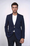 Men’s Midnight Navy Textured Slim Fit Blazer with Gold Crest Buttons