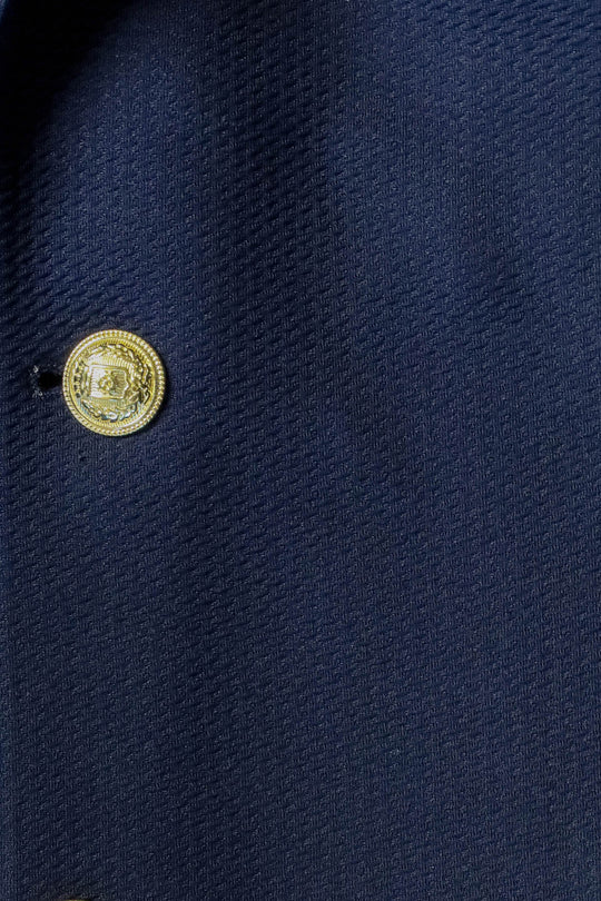 Men’s Midnight Navy Textured Slim Fit Blazer with Gold Crest Buttons