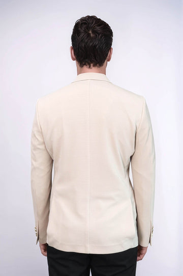 Men’s Desert Beige Textured Slim Fit Blazer with Gold Crest Buttons