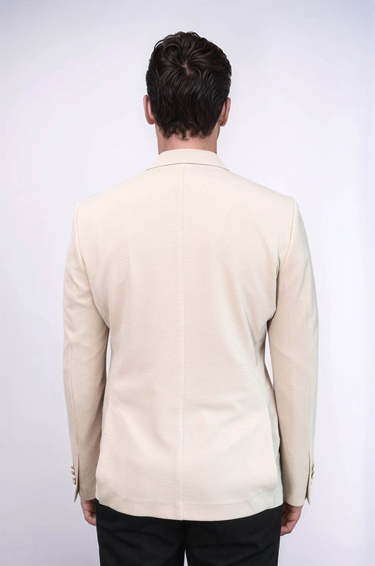 Men’s Desert Beige Textured Slim Fit Blazer with Gold Crest Buttons
