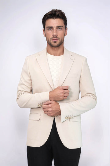 Men’s Desert Beige Textured Slim Fit Blazer with Gold Crest Buttons