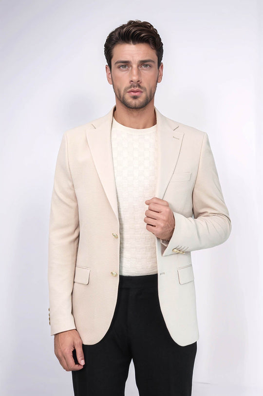 Men’s Desert Beige Textured Slim Fit Blazer with Gold Crest Buttons