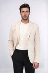 Men’s Desert Beige Textured Slim Fit Blazer with Gold Crest Buttons