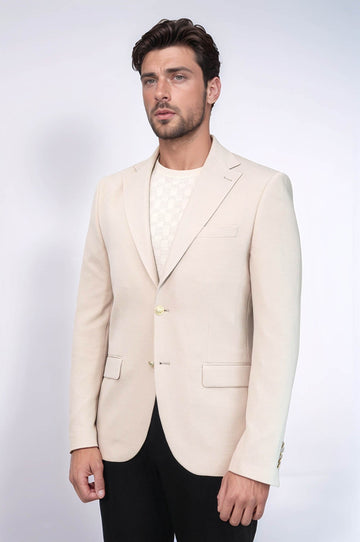 Men’s Desert Beige Textured Slim Fit Blazer with Gold Crest Buttons