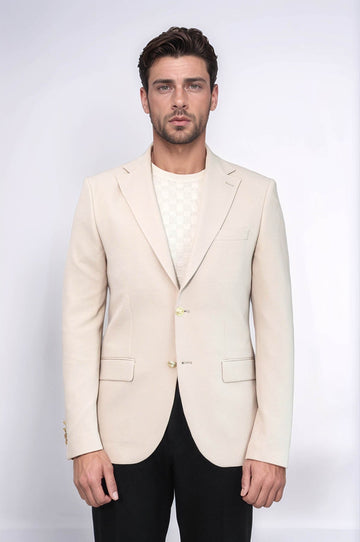 Men’s Desert Beige Textured Slim Fit Blazer with Gold Crest Buttons