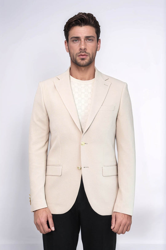 Men’s Desert Beige Textured Slim Fit Blazer with Gold Crest Buttons