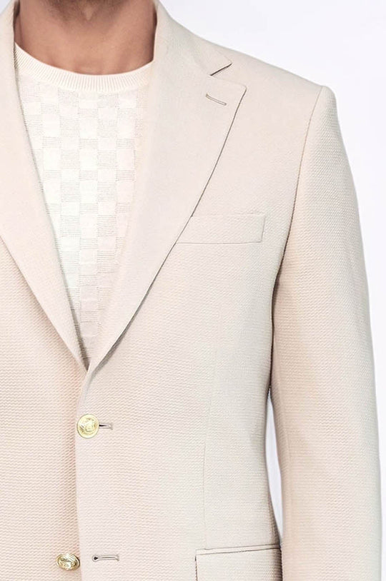 Men’s Desert Beige Textured Slim Fit Blazer with Gold Crest Buttons