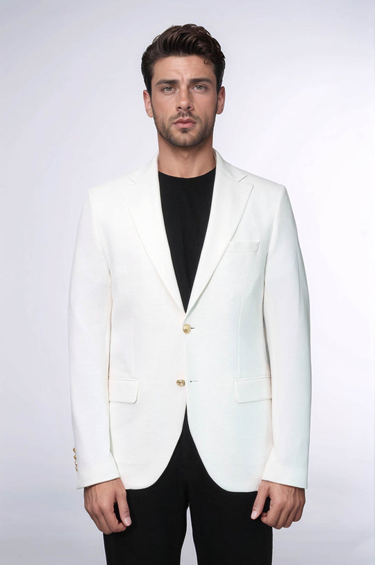 Men’s Arctic Ecru Textured Slim Fit Blazer with Gold Crest Buttons