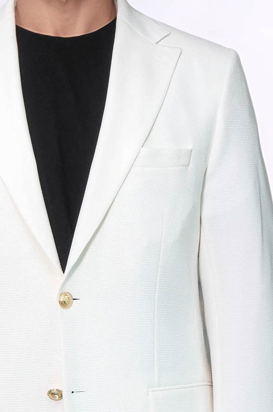 Men’s Arctic Ecru Textured Slim Fit Blazer with Gold Crest Buttons