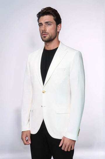 Men’s Arctic Ecru Textured Slim Fit Blazer with Gold Crest Buttons