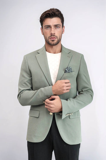 Men’s Sage Green Textured Slim Fit Blazer with Gold Crest Buttons