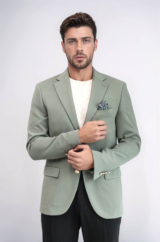 Men’s Sage Green Textured Slim Fit Blazer with Gold Crest Buttons