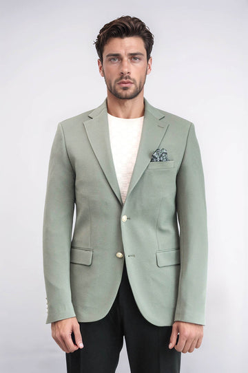 Men’s Sage Green Textured Slim Fit Blazer with Gold Crest Buttons