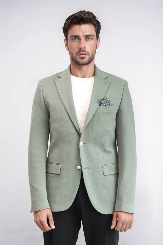 Men’s Sage Green Textured Slim Fit Blazer with Gold Crest Buttons
