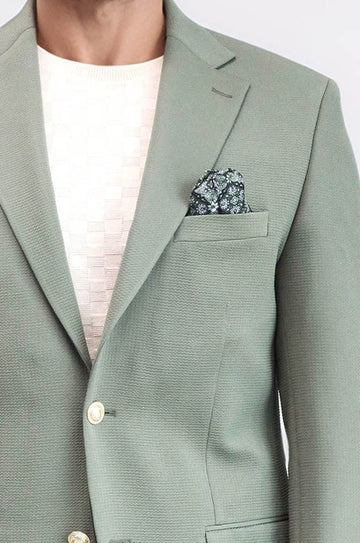 Men’s Sage Green Textured Slim Fit Blazer with Gold Crest Buttons