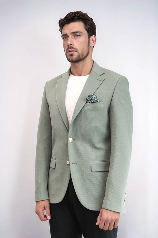 Men’s Sage Green Textured Slim Fit Blazer with Gold Crest Buttons
