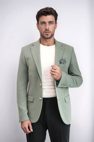 Men’s Sage Green Textured Slim Fit Blazer with Gold Crest Buttons