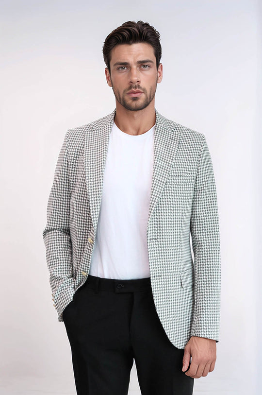 Men’s Dove Grey Houndstooth Slim Fit Blazer with Gold Crest Buttons