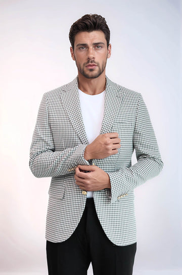 Men’s Dove Grey Houndstooth Slim Fit Blazer with Gold Crest Buttons