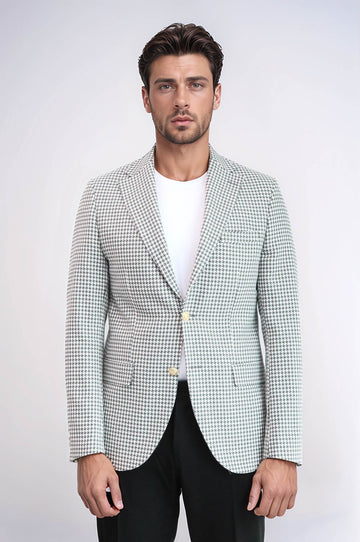 Men’s Dove Grey Houndstooth Slim Fit Blazer with Gold Crest Buttons