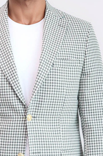 Men’s Dove Grey Houndstooth Slim Fit Blazer with Gold Crest Buttons