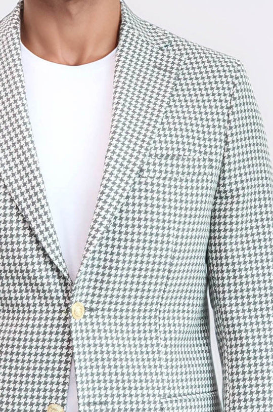 Men’s Dove Grey Houndstooth Slim Fit Blazer with Gold Crest Buttons