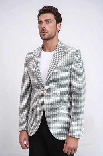 Men’s Dove Grey Houndstooth Slim Fit Blazer with Gold Crest Buttons