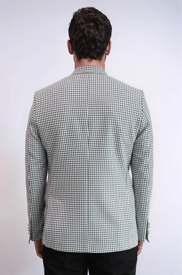 Men’s Dove Grey Houndstooth Slim Fit Blazer with Gold Crest Buttons