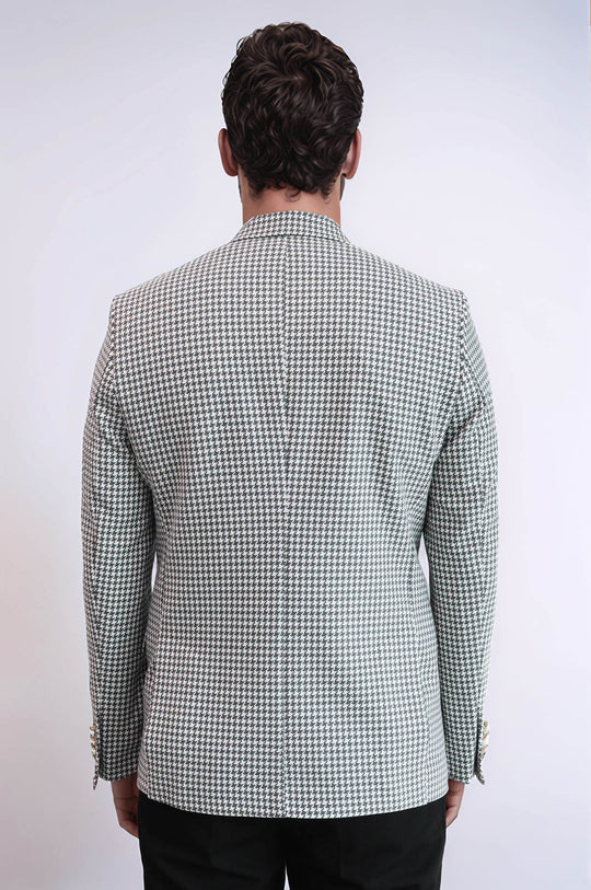Men’s Dove Grey Houndstooth Slim Fit Blazer with Gold Crest Buttons