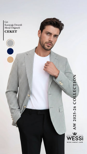 Men’s Dove Grey Houndstooth Slim Fit Blazer with Gold Crest Buttons