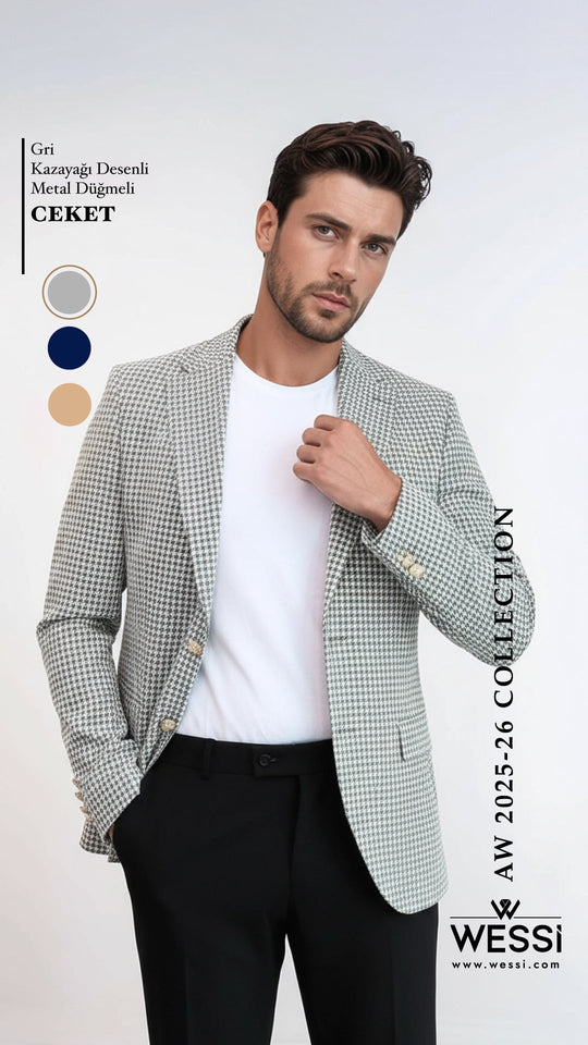 Men’s Dove Grey Houndstooth Slim Fit Blazer with Gold Crest Buttons