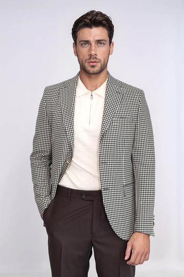 Men’s Black & Cream Houndstooth Slim Fit Blazer with Gold Crest Buttons