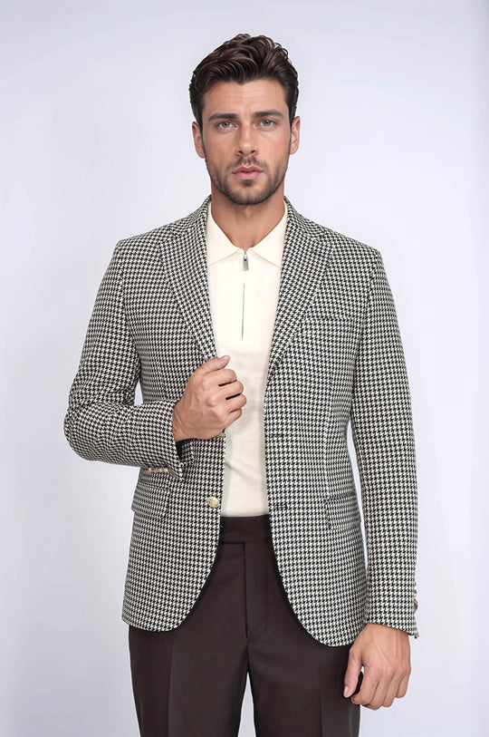 Men’s Black & Cream Houndstooth Slim Fit Blazer with Gold Crest Buttons