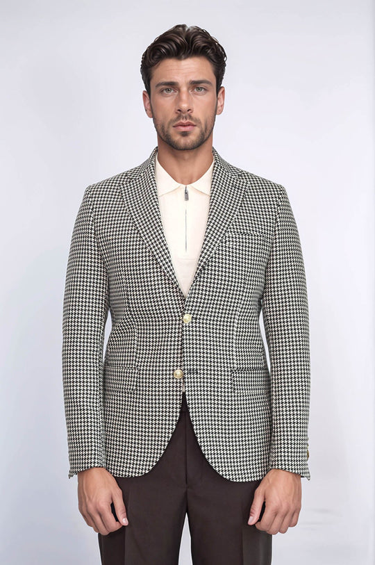 Men’s Black & Cream Houndstooth Slim Fit Blazer with Gold Crest Buttons