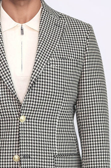 Men’s Black & Cream Houndstooth Slim Fit Blazer with Gold Crest Buttons