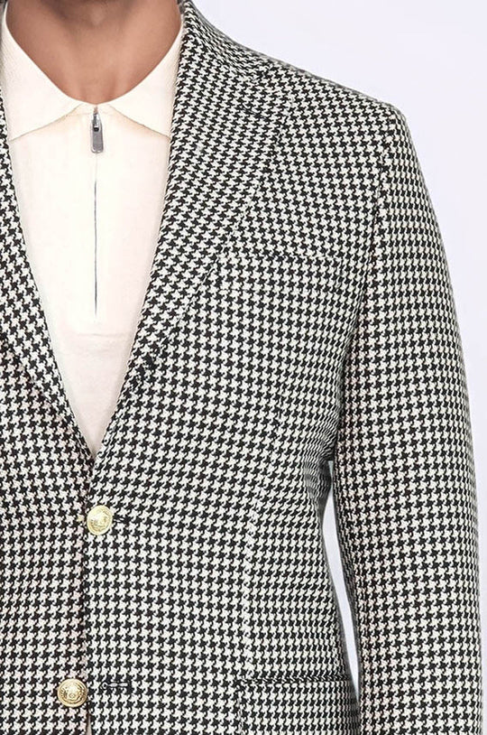 Men’s Black & Cream Houndstooth Slim Fit Blazer with Gold Crest Buttons