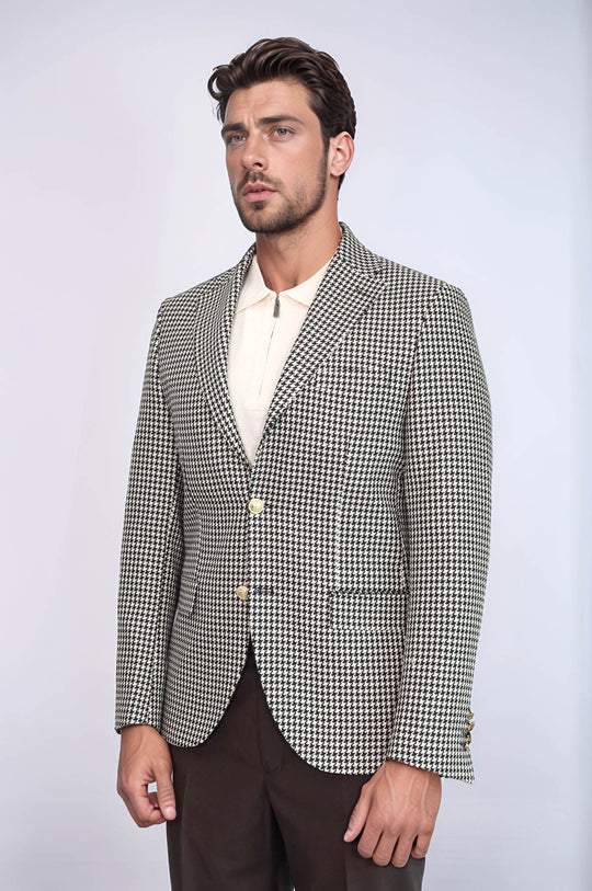 Men’s Black & Cream Houndstooth Slim Fit Blazer with Gold Crest Buttons