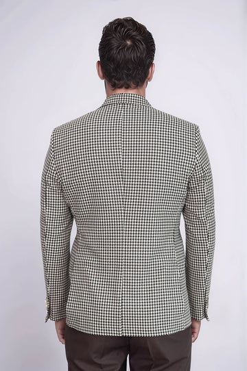 Men’s Black & Cream Houndstooth Slim Fit Blazer with Gold Crest Buttons