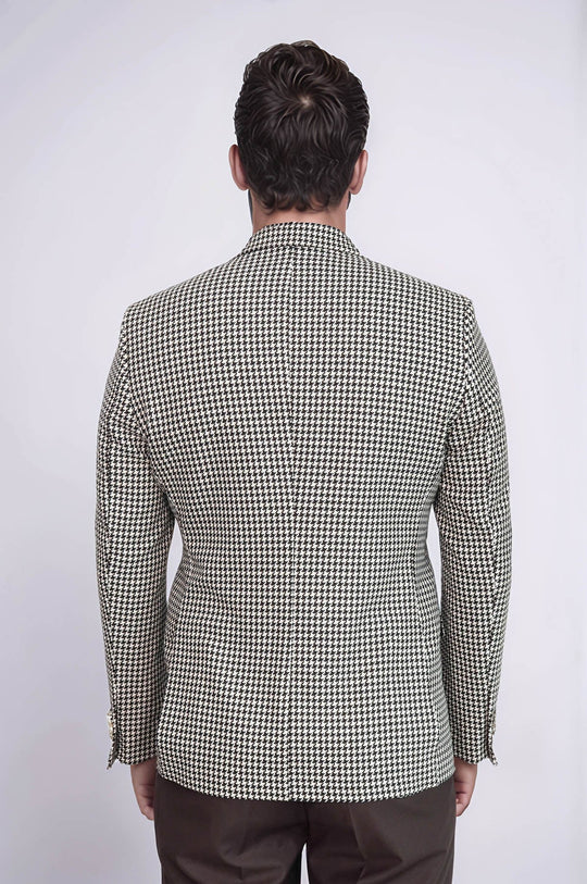 Men’s Black & Cream Houndstooth Slim Fit Blazer with Gold Crest Buttons
