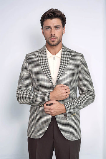 Men’s Black & Cream Houndstooth Slim Fit Blazer with Gold Crest Buttons